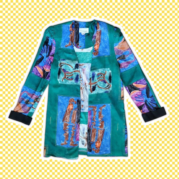 VTG 90s Abstract Fine Art Open Blouse Casual Jacket by Periwinkle Sz 12 / M - Picture 2 of 11
